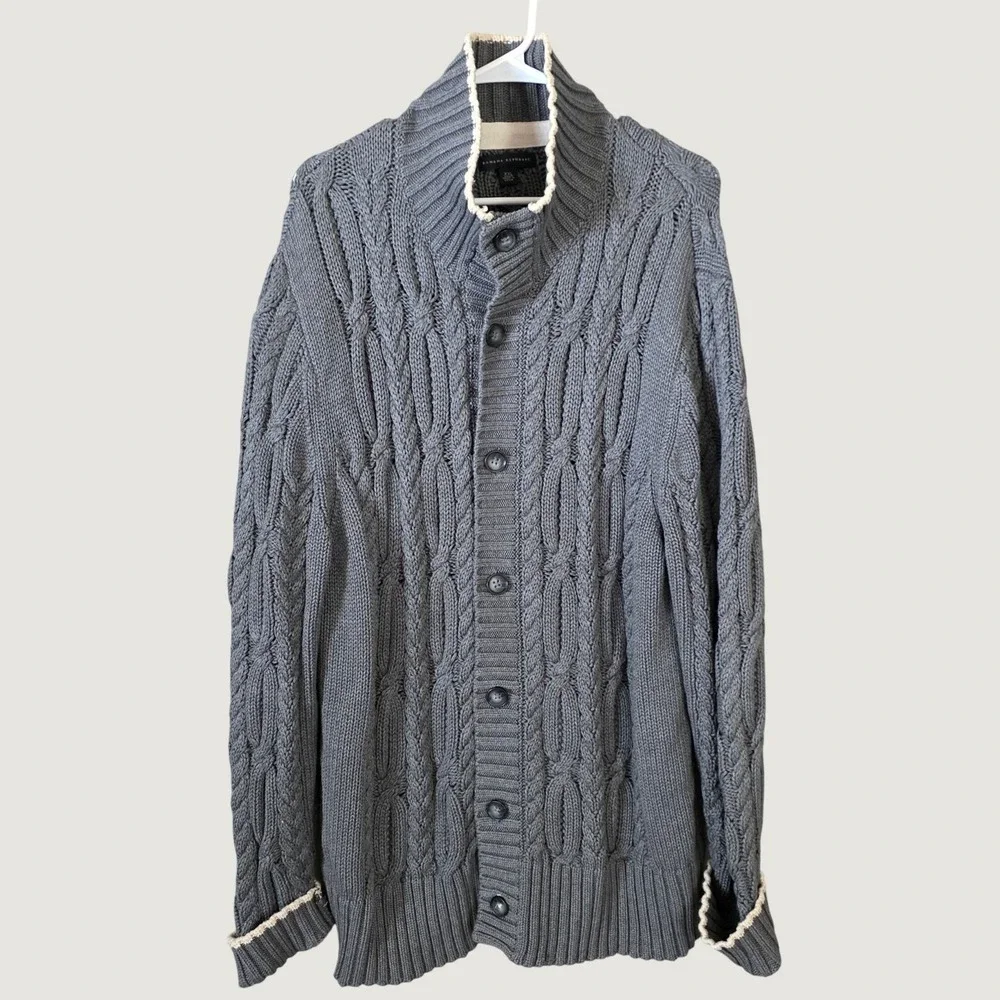 Banana Republic Mens Cardigan Size XXL Grey Cable Knit Button Mock Neck Preppy